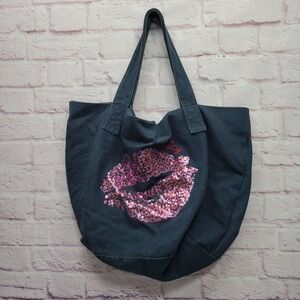 Juicy Couture Sequin Lips Large Cotton Canvas Tote Bag Magnetic Closure Navy‎